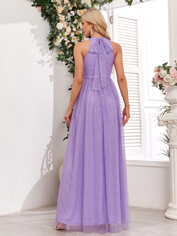 Demure Sparkling Halter Neck Sleeveless Empire Waist A-Line Maxi Bridesmaid/Prom/Evening Dress with Bow