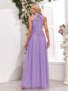 Demure Sparkling Halter Neck Sleeveless Empire Waist A-Line Maxi Bridesmaid/Prom/Evening Dress with Bow