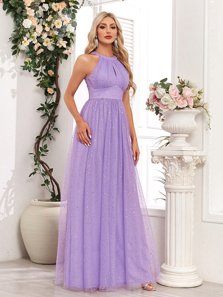 Demure Sparkling Halter Neck Sleeveless Empire Waist A-Line Maxi Bridesmaid/Prom/Evening Dress with Bow