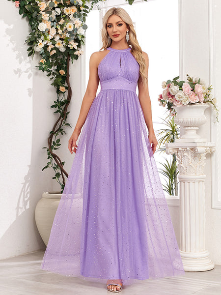 Demure Sparkling Halter Neck Sleeveless Empire Waist A-Line Maxi Bridesmaid/Prom/Evening Dress with Bow