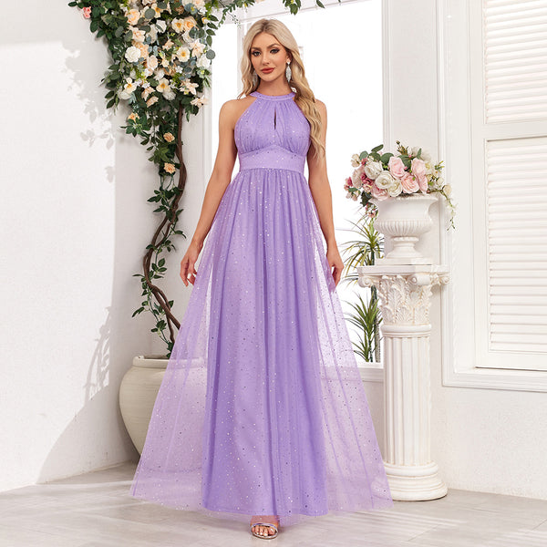 Demure Sparkling Halter Neck Sleeveless Empire Waist A-Line Maxi Bridesmaid/Prom/Evening Dress with Bow