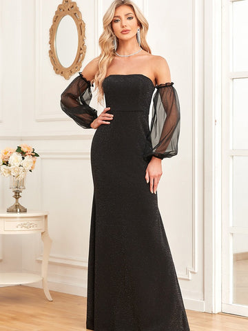 Versatile Off-the-Shoulder Long Loose Sleeves Sparkly Sheath Evening Dress