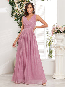 Simple Shimmering V-Neck Sleeveless A-Line Maxi Dress with Pleated Waist