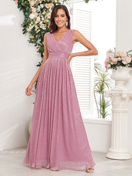 Simple Shimmering V-Neck Sleeveless A-Line Maxi Dress with Pleated Waist