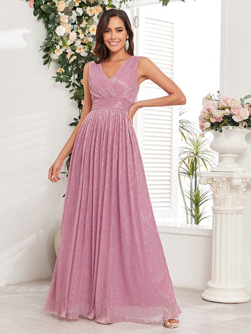 Simple Shimmering V-Neck Sleeveless A-Line Maxi Dress with Pleated Waist