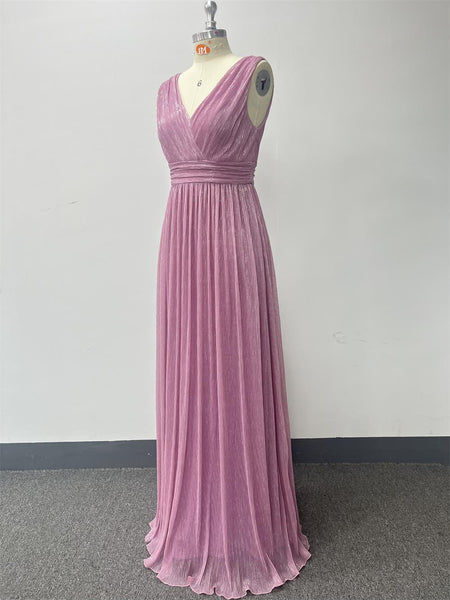 Simple Shimmering V-Neck Sleeveless A-Line Maxi Dress with Pleated Waist