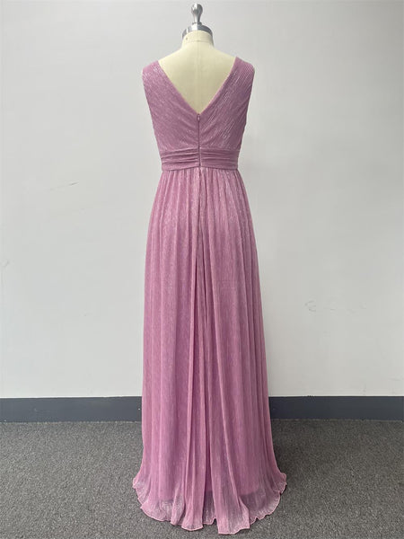 Simple Shimmering V-Neck Sleeveless A-Line Maxi Dress with Pleated Waist