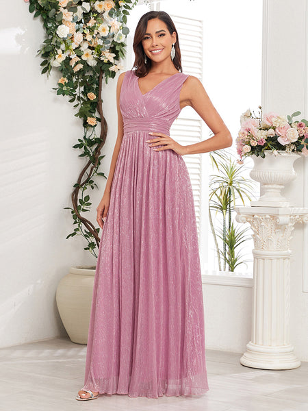 Simple Shimmering V-Neck Sleeveless A-Line Maxi Dress with Pleated Waist