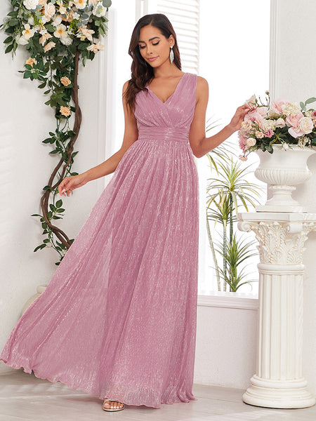 Simple Shimmering V-Neck Sleeveless A-Line Maxi Dress with Pleated Waist