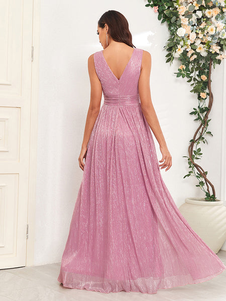 Simple Shimmering V-Neck Sleeveless A-Line Maxi Dress with Pleated Waist