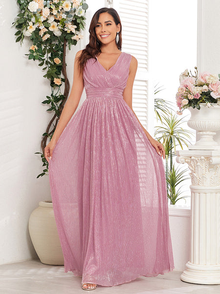 Simple Shimmering V-Neck Sleeveless A-Line Maxi Dress with Pleated Waist