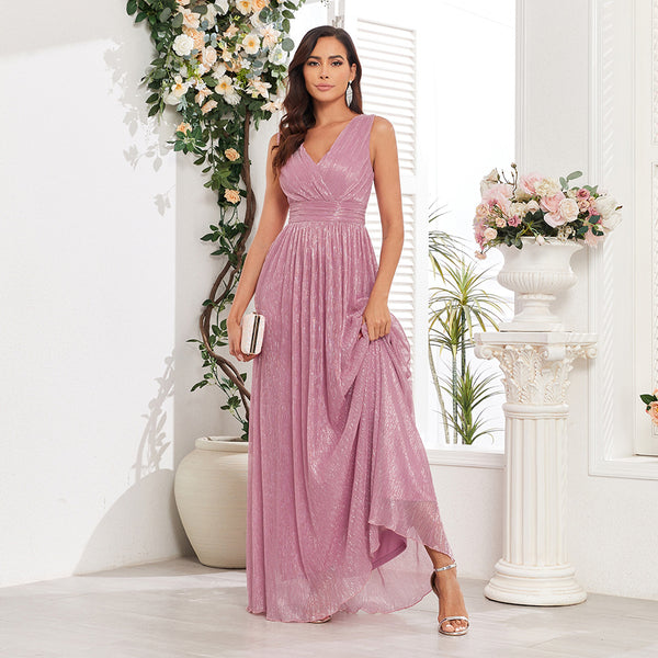 Simple Shimmering V-Neck Sleeveless A-Line Maxi Dress with Pleated Waist