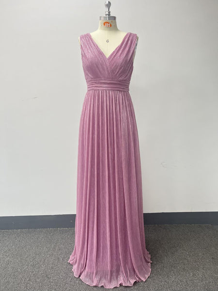 Simple Shimmering V-Neck Sleeveless A-Line Maxi Dress with Pleated Waist