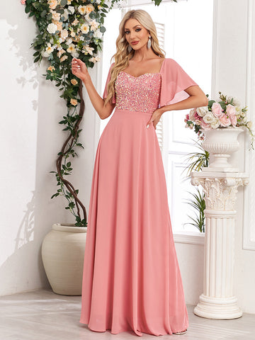 Short Bell Sleeves Sequined Bodice A-line Chiffon Maxi Prom/Evening Dress