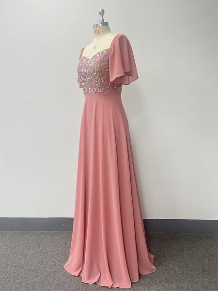 Short Bell Sleeves Sequined Bodice A-line Chiffon Maxi Prom/Evening Dress