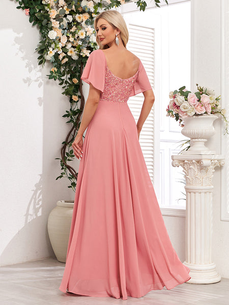 Short Bell Sleeves Sequined Bodice A-line Chiffon Maxi Prom/Evening Dress