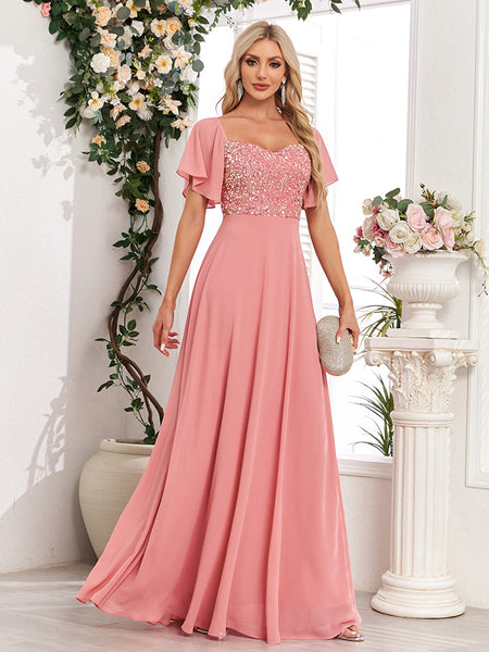 Short Bell Sleeves Sequined Bodice A-line Chiffon Maxi Prom/Evening Dress