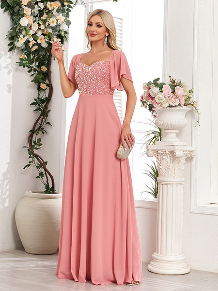 Short Bell Sleeves Sequined Bodice A-line Chiffon Maxi Prom/Evening Dress