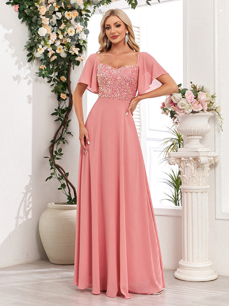 Short Bell Sleeves Sequined Bodice A-line Chiffon Maxi Prom/Evening Dress