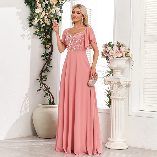 Short Bell Sleeves Sequined Bodice A-line Chiffon Maxi Prom/Evening Dress