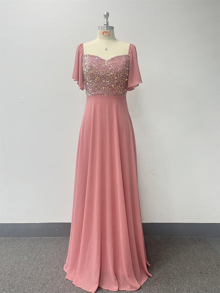 Short Bell Sleeves Sequined Bodice A-line Chiffon Maxi Prom/Evening Dress