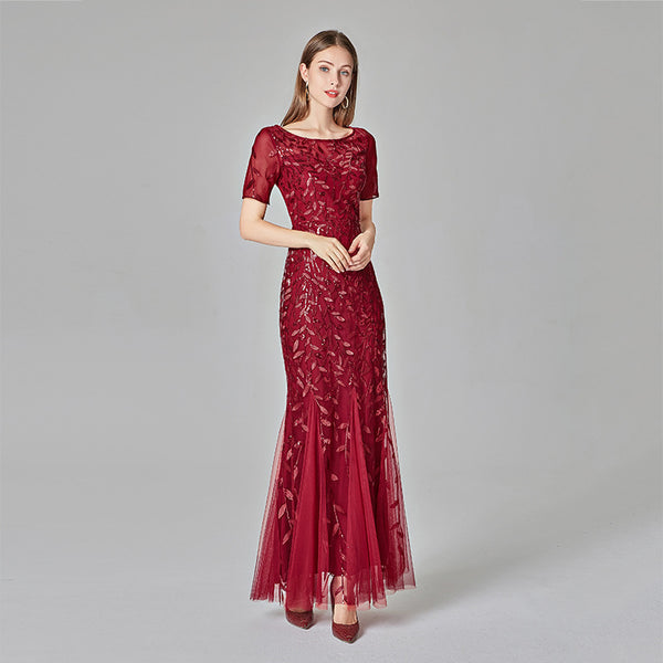 Modest Embroidered Scoop Neck Short Sleeve Sheath Maxi Evening/Formal Dress