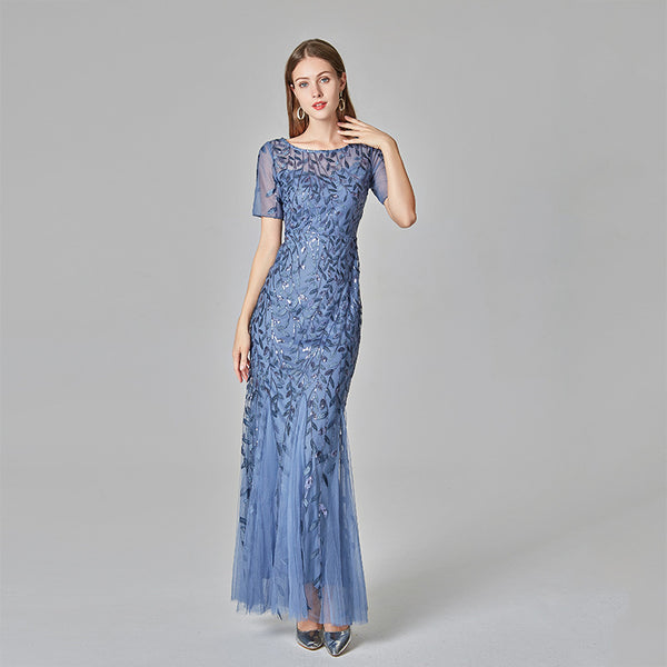 Modest Embroidered Scoop Neck Short Sleeve Sheath Maxi Evening/Formal Dress