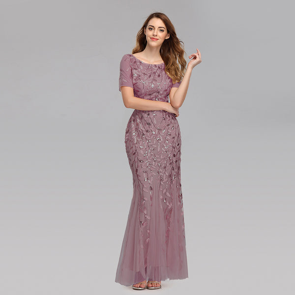 Modest Embroidered Scoop Neck Short Sleeve Sheath Maxi Evening/Formal Dress