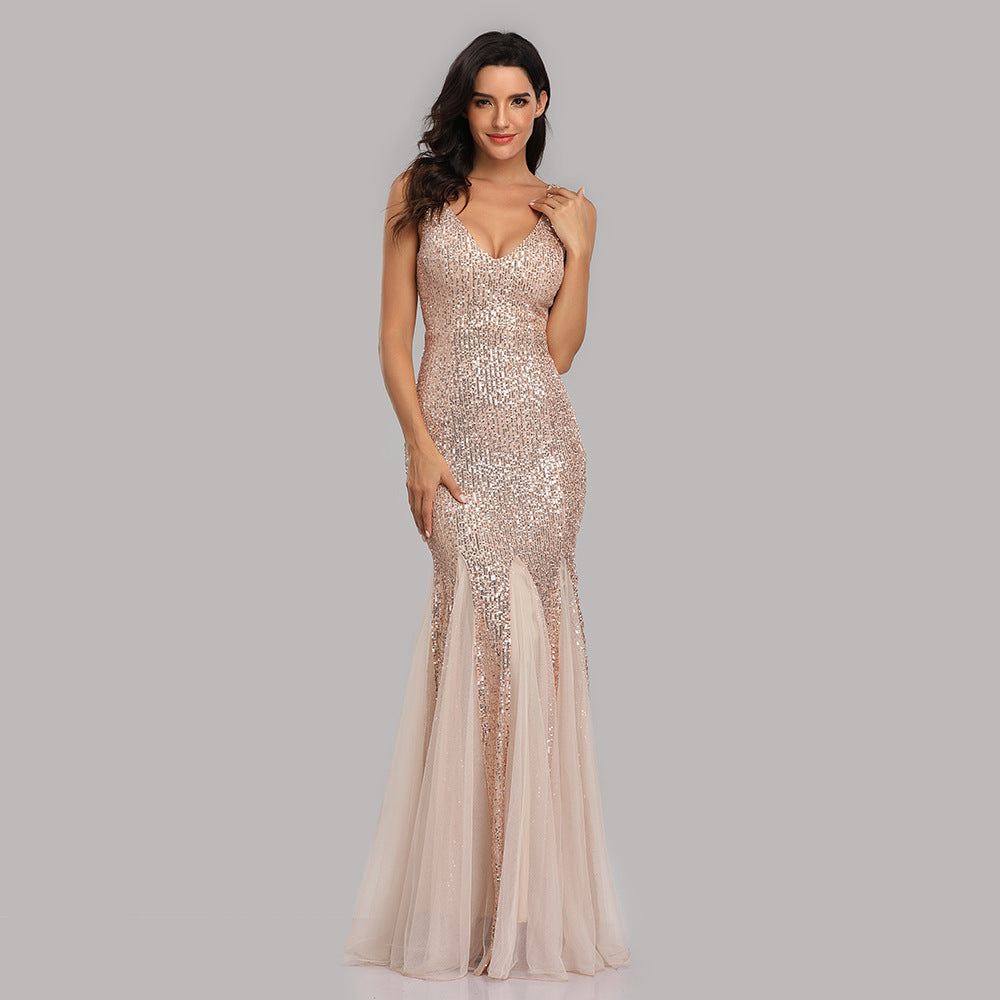 Shimmering V-Neck Sleeveless Sheath Sequined Tulle Maxi Prom/Evening/Formal Dress