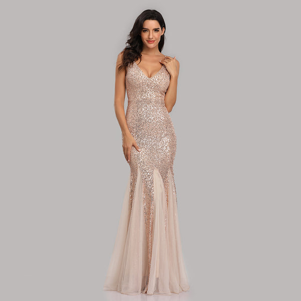 Shimmering V-Neck Sleeveless Sheath Sequined Tulle Maxi Prom/Evening/Formal Dress