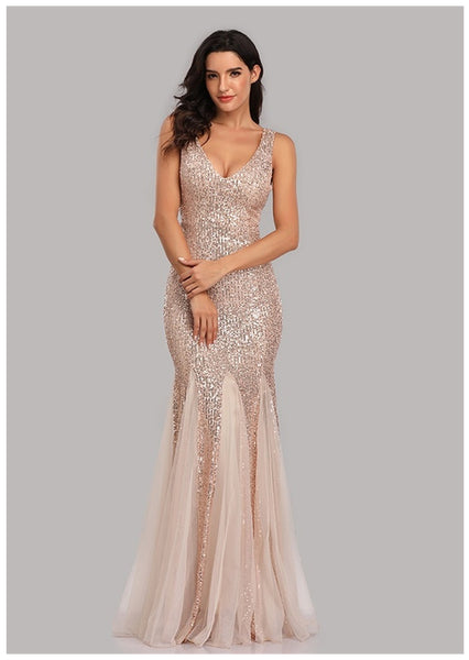 Shimmering V-Neck Sleeveless Sheath Sequined Tulle Maxi Prom/Evening/Formal Dress