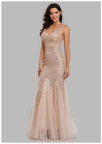 Shimmering V-Neck Sleeveless Sheath Sequined Tulle Maxi Prom/Evening/Formal Dress