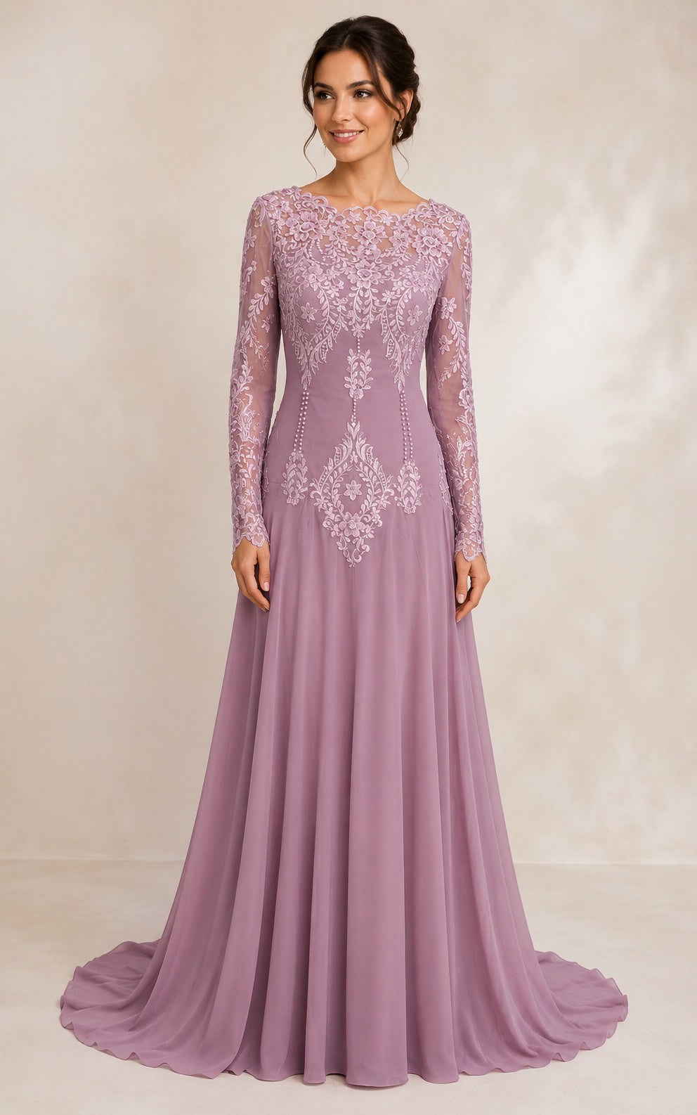 Long Sleeves Bateau Lace and Chiffon Sheath Formal Dress