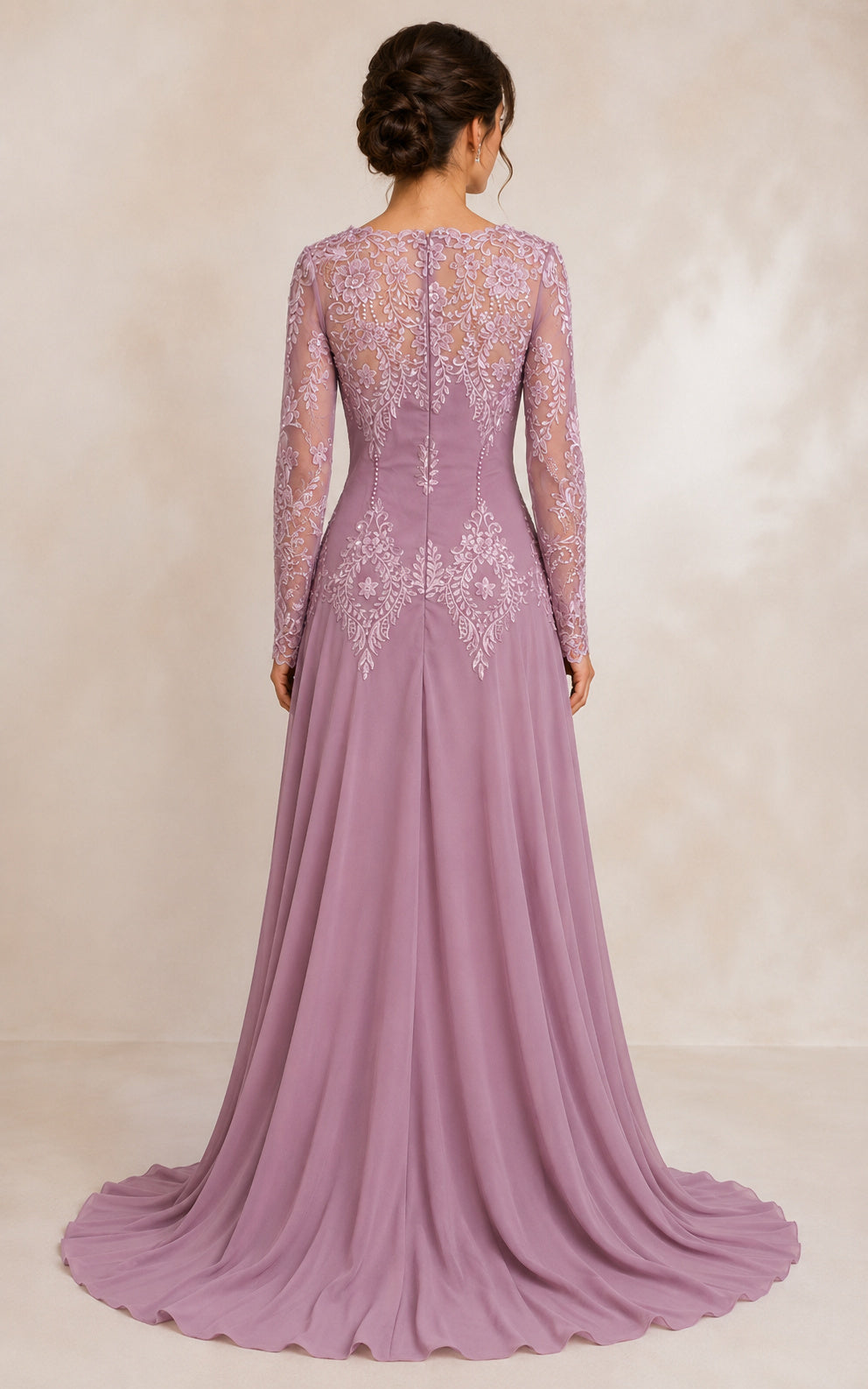Long Sleeves Bateau Lace and Chiffon Sheath Formal Dress