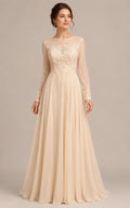 Long Sleeves Illusion Neckline Lace and Chiffon A-line Evening Dress