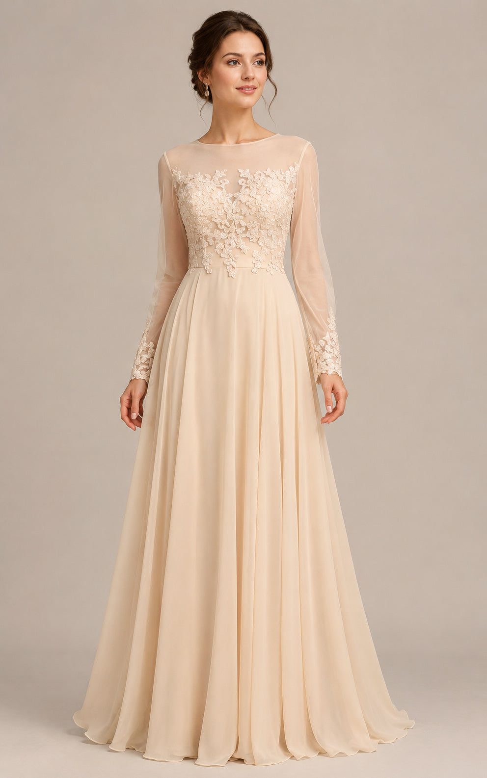 Long Sleeves Illusion Neckline Lace and Chiffon A-line Evening Dress