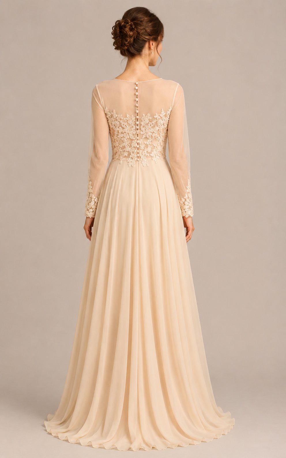 Long Sleeves Illusion Neckline Lace and Chiffon A-line Evening Dress