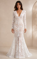 V-neck Long Sleeves Sheath Lace Prom Dress with slit