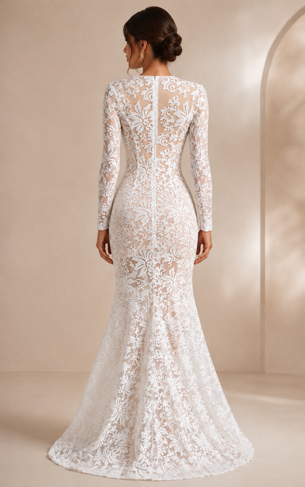 V-neck Long Sleeves Sheath Lace Prom Dress with slit