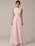 Jewel Neck Sleeveless Lace Bodice Chiffon Skirt A-line Prom Dress