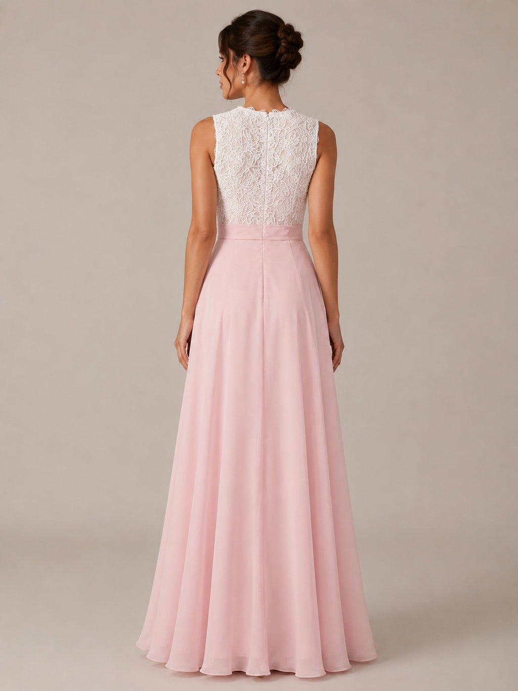 Jewel Neck Sleeveless Lace Bodice Chiffon Skirt A-line Prom Dress