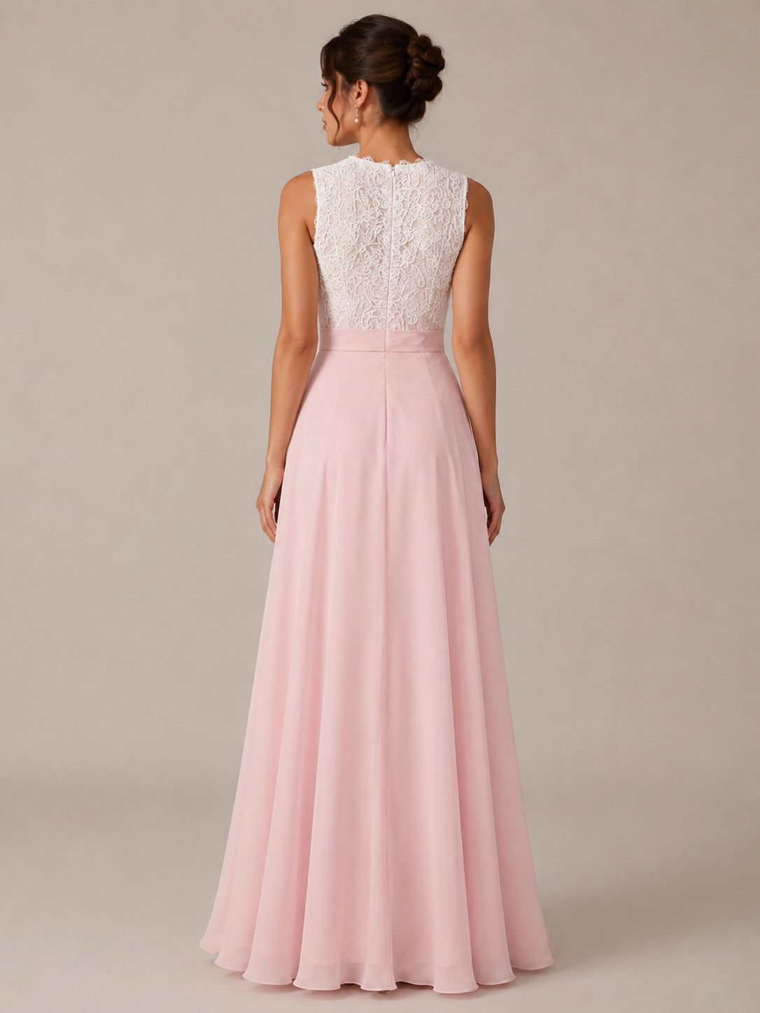 Jewel Neck Sleeveless Lace Bodice Chiffon Skirt A-line Prom Dress