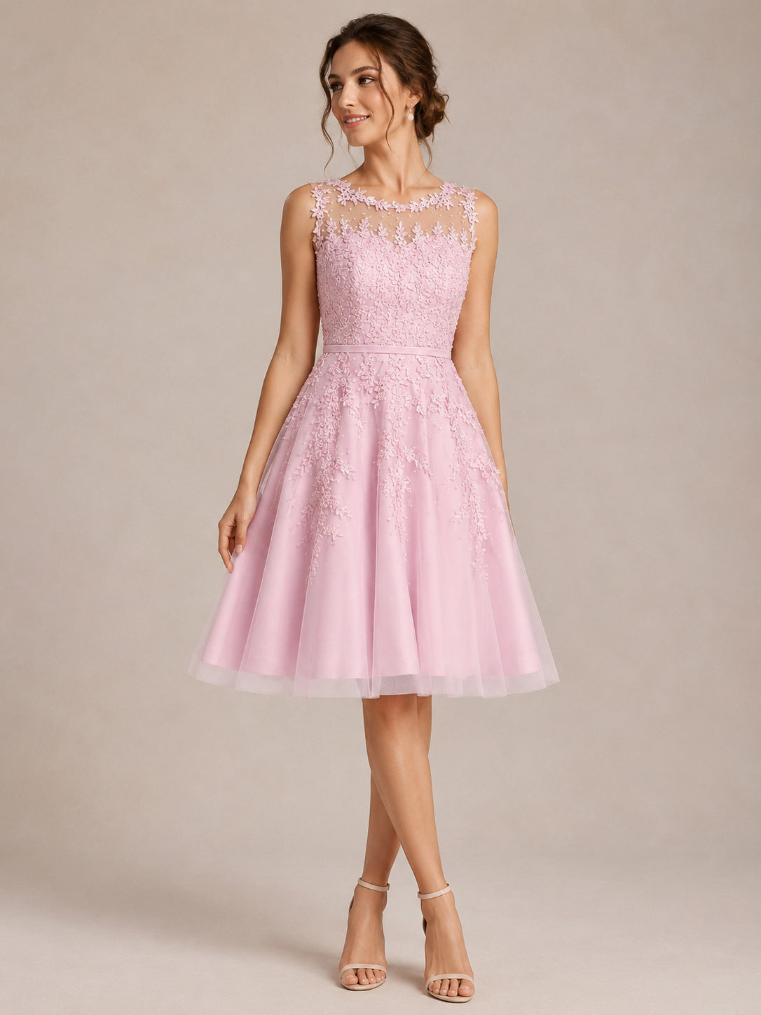 Scoop Neckline Sleeveless A-line Knee Length Lace Dress
