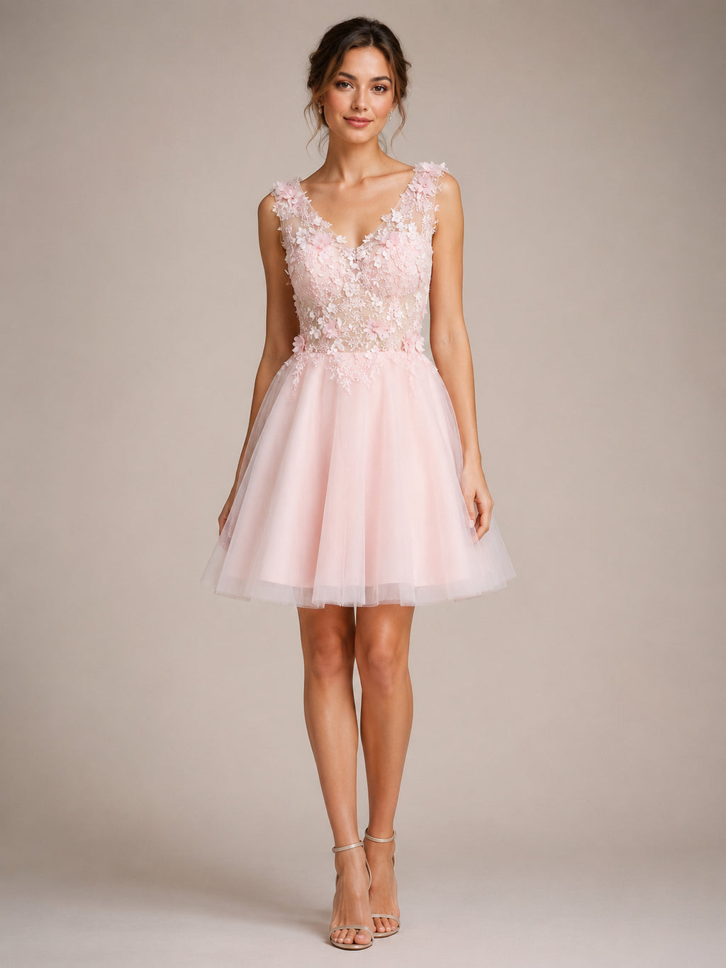 V-neck Lace Bodice Tulle Skirt A-line Homecoming Dress