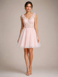V-neck Lace Bodice Tulle Skirt A-line Homecoming Dress