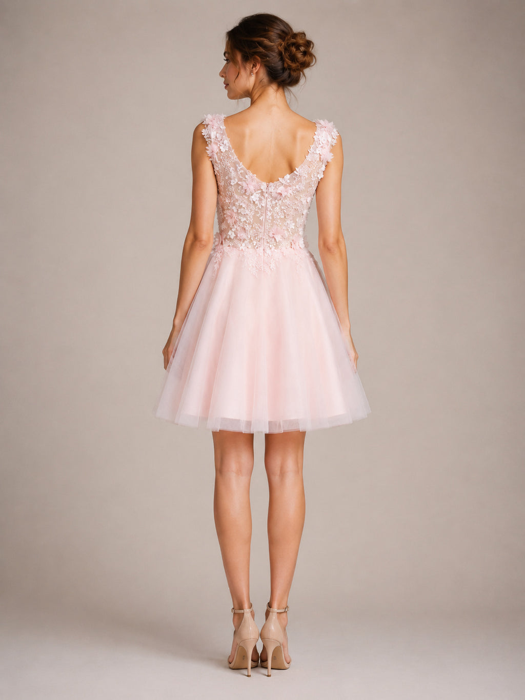 V-neck Lace Bodice Tulle Skirt A-line Homecoming Dress