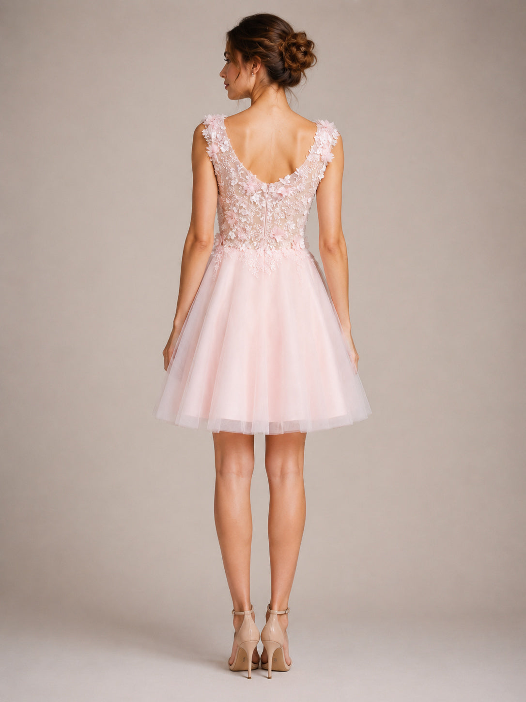 V-neck Lace Bodice Tulle Skirt A-line Homecoming Dress