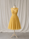 Jewel Neck Sleeveless Lace and Tulle A-line Tea Length Prom Dress