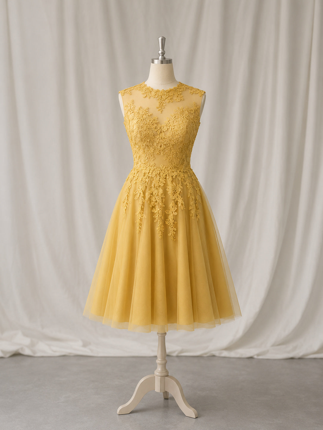 Jewel Neck Sleeveless Lace and Tulle A-line Tea Length Prom Dress