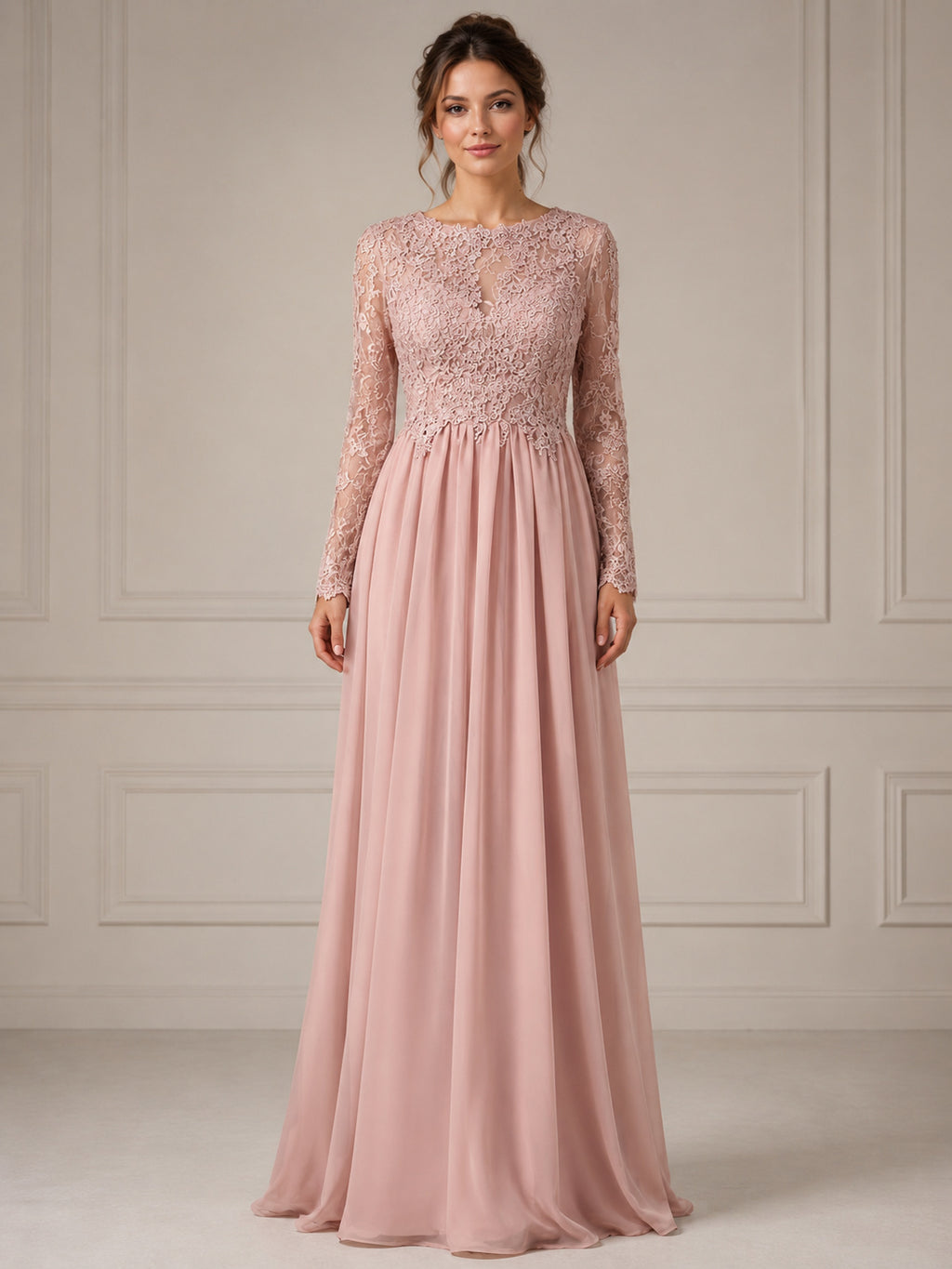 Bateau Long Sleeves Lace Bodice Chiffon Skirt A-line Evening Dress